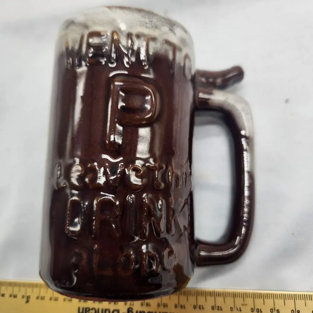 VTG Beer Mug Wet Your Whistle Went to P‎ Brown Ceramic Drip Glaze Cup Fun Gift